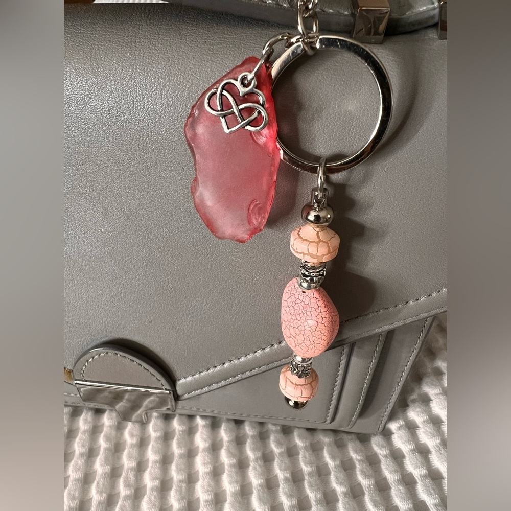 Handmade Pink Sea Glass Purse Charm Crackle Beads Infinity Heart Artisan